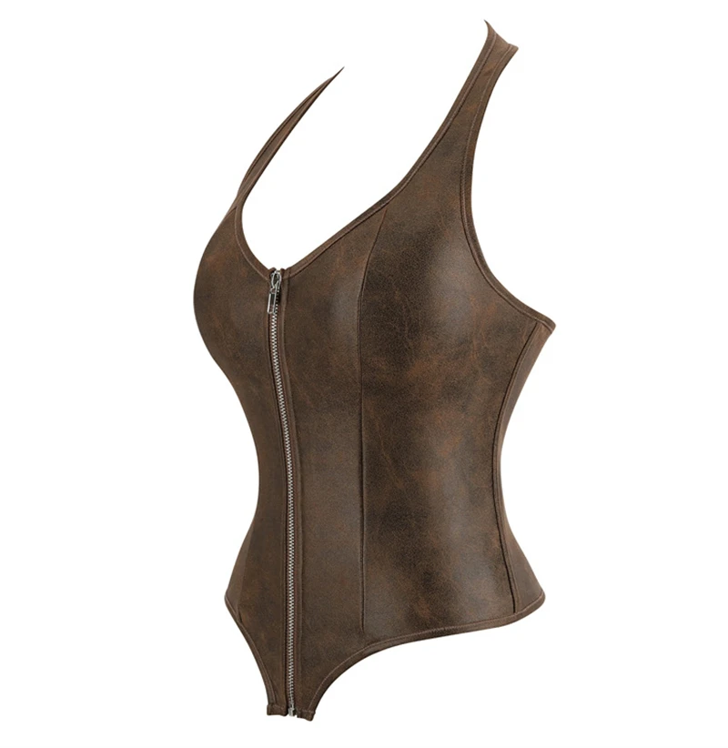 

Винтажный корсет с лямкой на шее, топ, женский коричневый корсет на молнии спереди, бюстье, жилет, готический формирователь тела, нижнее белье, корсет, женские майки