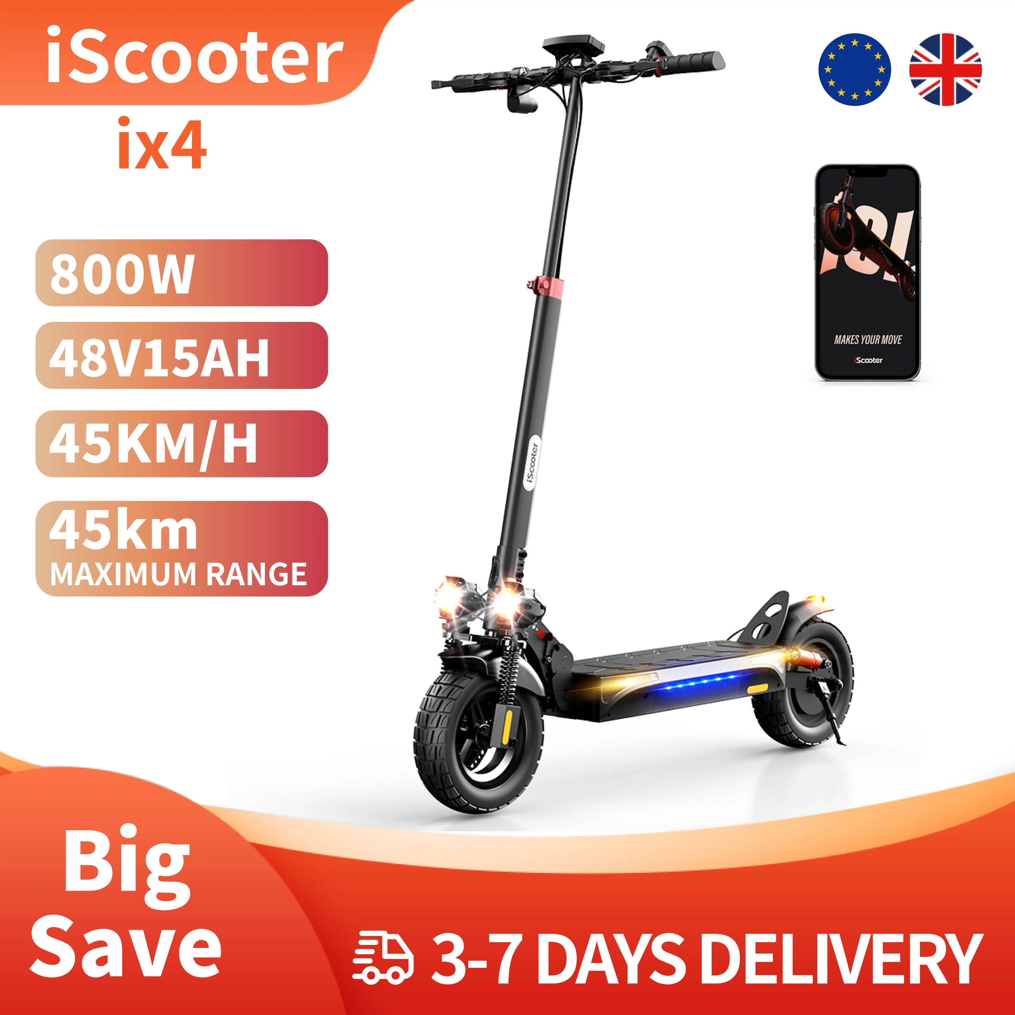 Trottinette électrique iScooter iX4 800W 48V15Ah batterie 45KM/H pneus tout-terrain 10 pouces pour adulte, sports de montagne