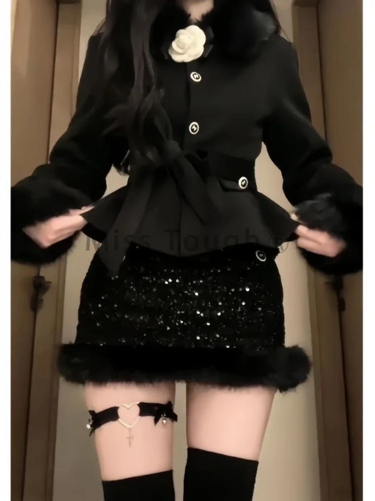 France Vintage Chic Winter Black 2-piece Sets Women Party Long Sleeve Slim Lace Up Coat + Paillette High Waist Skirt Suit 2025