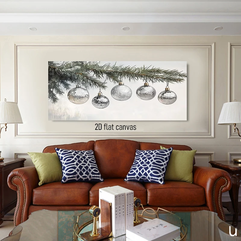 (1PC Unframe)1 silver Christmas ball pine branch decoration painting frameless 2D plan