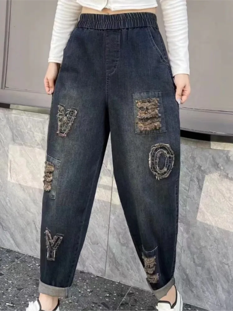 Oversized jeans herfst brief borduurwerk broek vrouwen elastische taille mode casual dames broek losse vrouw potlood broek