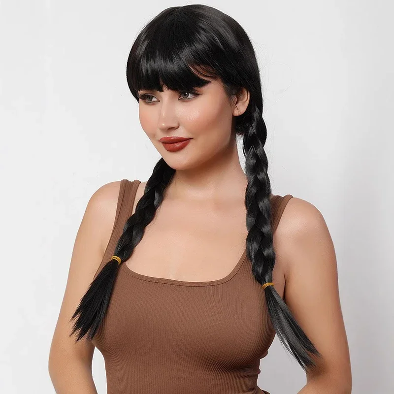 テレビドラマ水曜日コスプレ帽子ダブル三つ編みパーティー女性ドレスアップストレート前髪ロングヘア水曜日アダムスキャラクターウィッグ