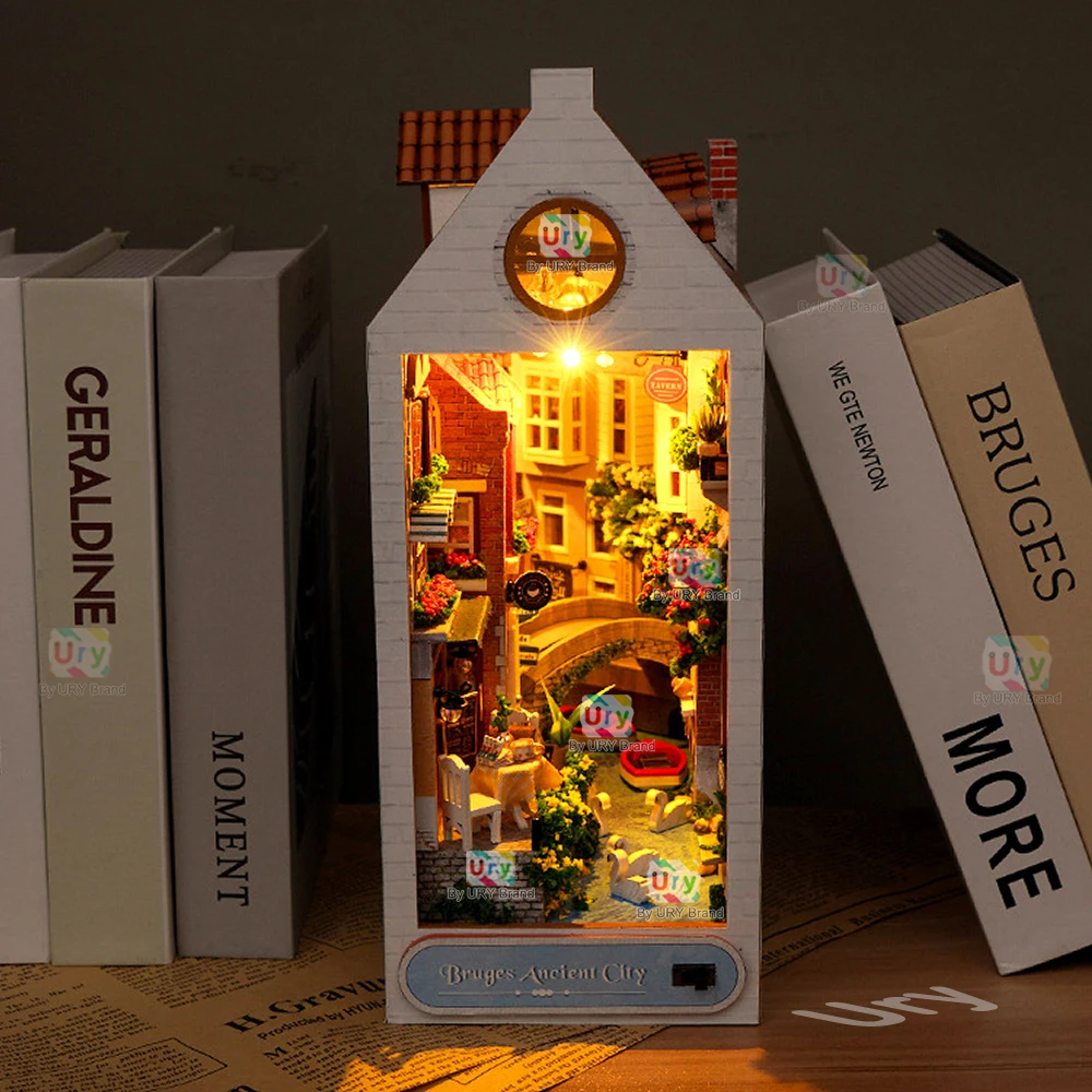 Ury 3D Holzpuzzle LED DIY Buchecke Europäisches Venedig Altes Stadthaus Regaleinsatz Miniatur Märchen Stadt Mädchen Weihnachtsgeschenk