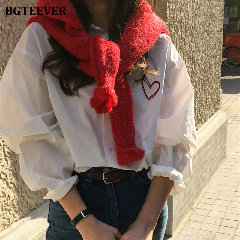 BGTEEVER Fashion Lapel Heart Embroidery Printed White Shirts for Women Full Sleeve Single-breasted Ladies Blouses Autumn