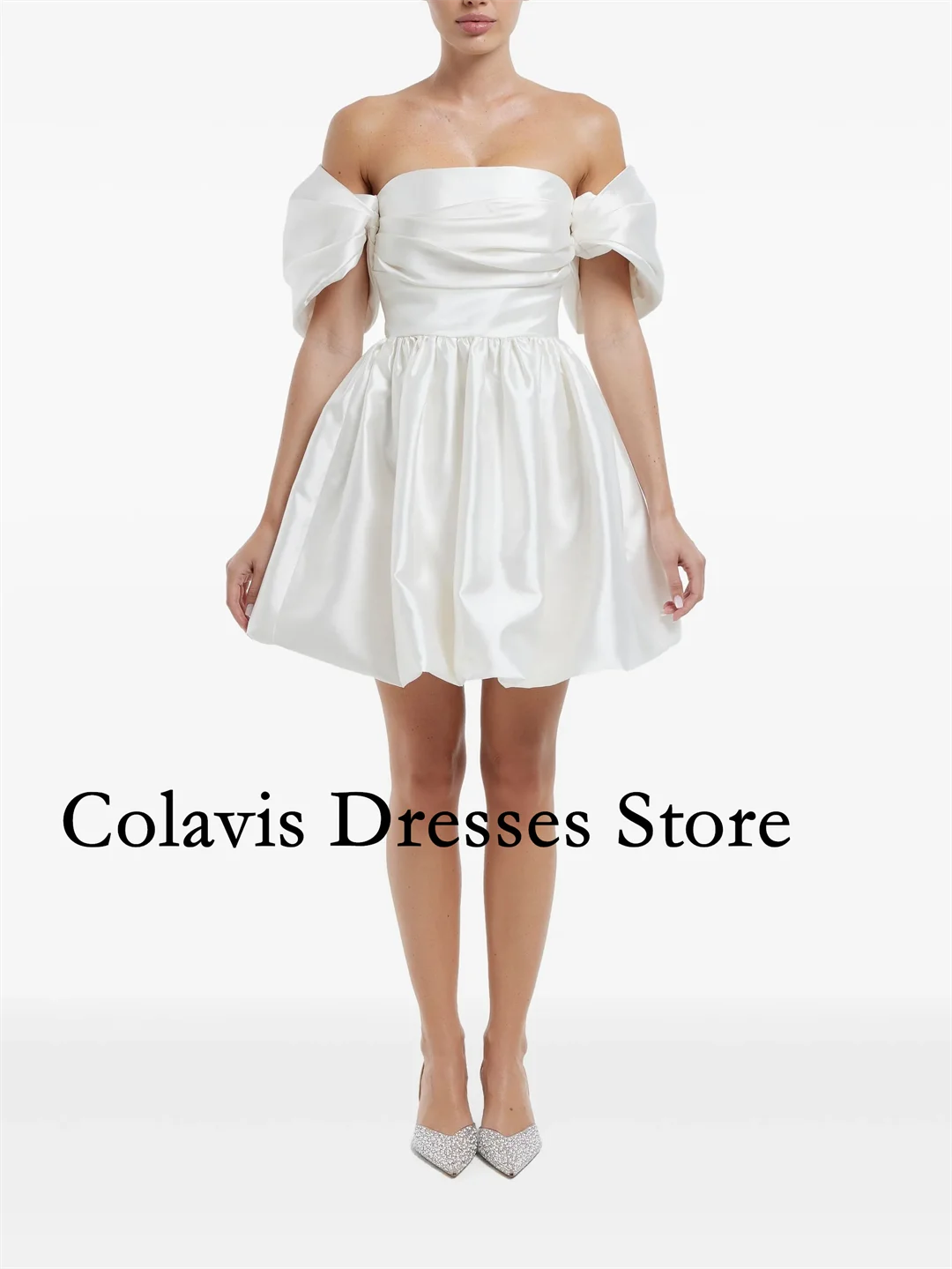 

2025 Customized White Off the Shoulder Mini Puff Sleeves Satin Prom Dresses Evening Dress Women Evening Gowns Formal Party Dress