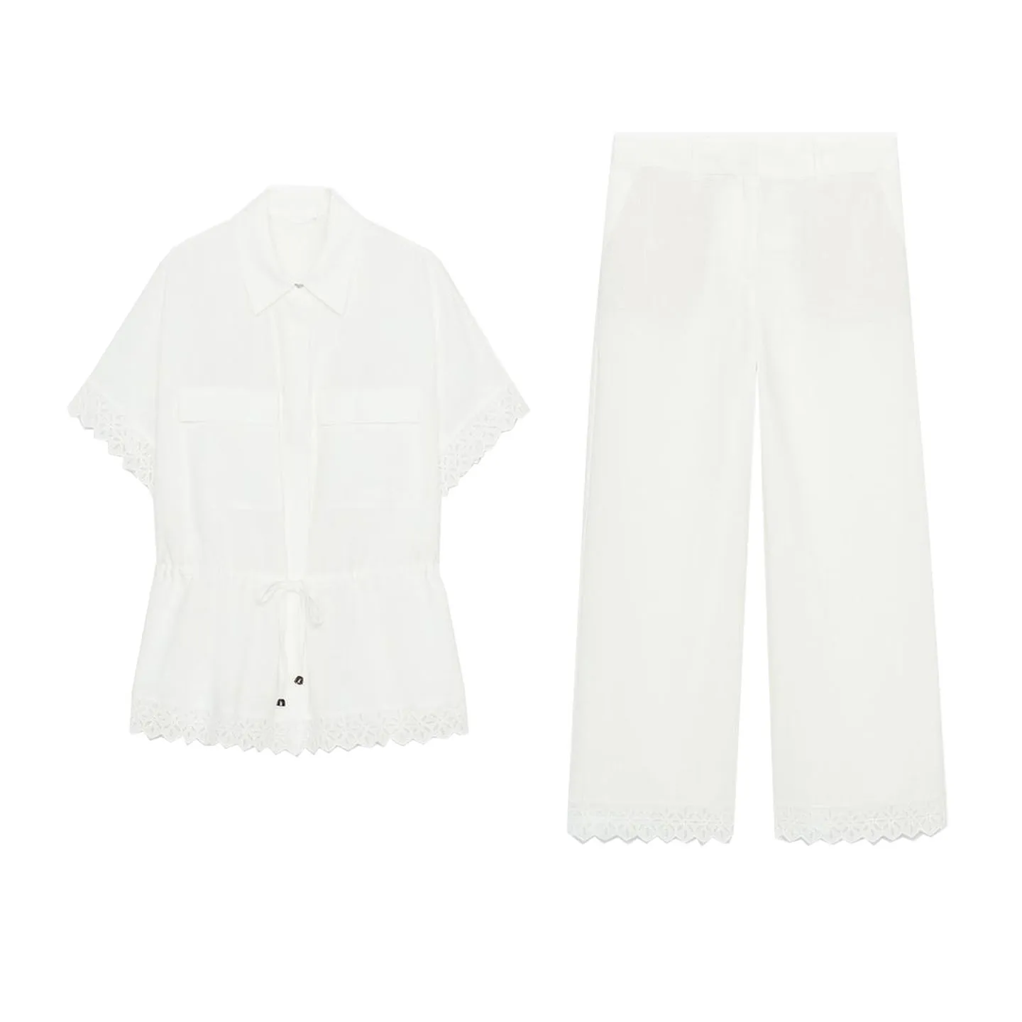 Mixed Hemp ort Sve Collared irt And High Waist Loose Pants Women's Faion Set Autumn Season Floral Lace Detail Blouse