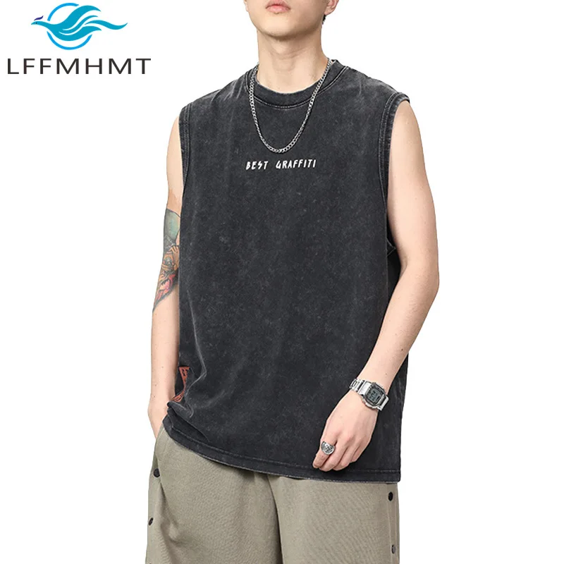 

Мужской жилет без рукавов с буквенным принтом в винтажном стиле для стирки, летняя мода, простые базовые повседневные свободные пуловеры с круглым вырезом большого размера
