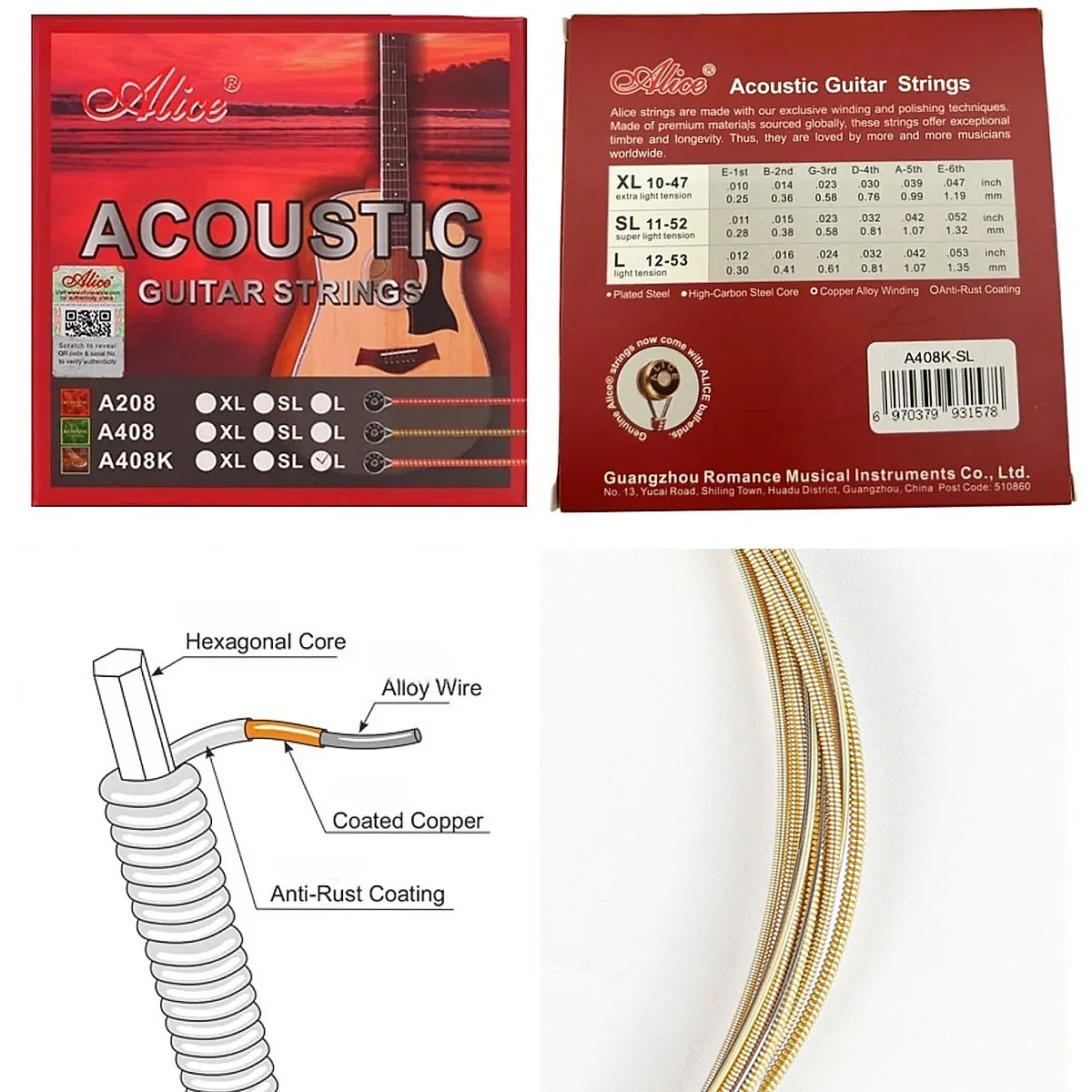 Alice AWR47/ AW432/ AW436/ A408K Acoustic Guitar Strings - Phosphor Bronze / Brass, 011-052, Durable Coating, Guitar Parts