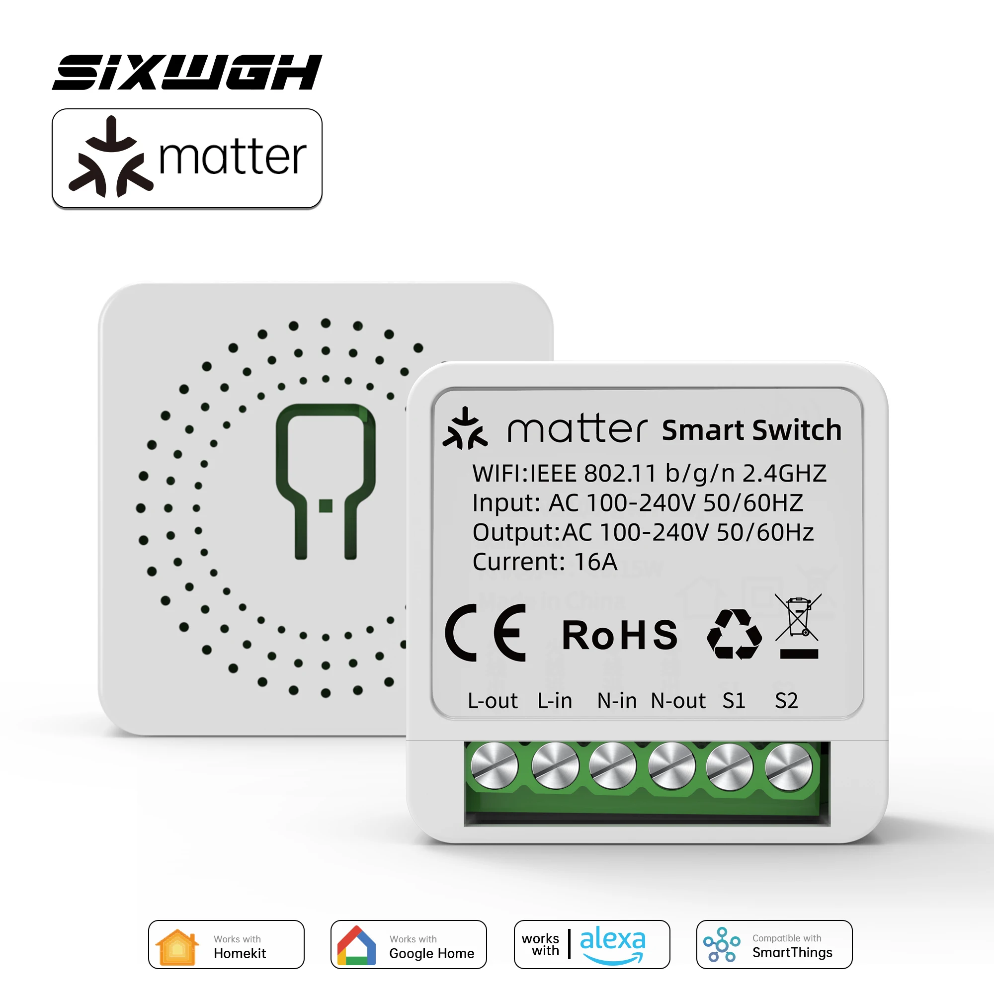 Meross Matter Smart Switch 16A, WiFi Mini DIY Relay Module, Apple HomeKit Google Home Alexa SmartThings, Timer Remote Breaker