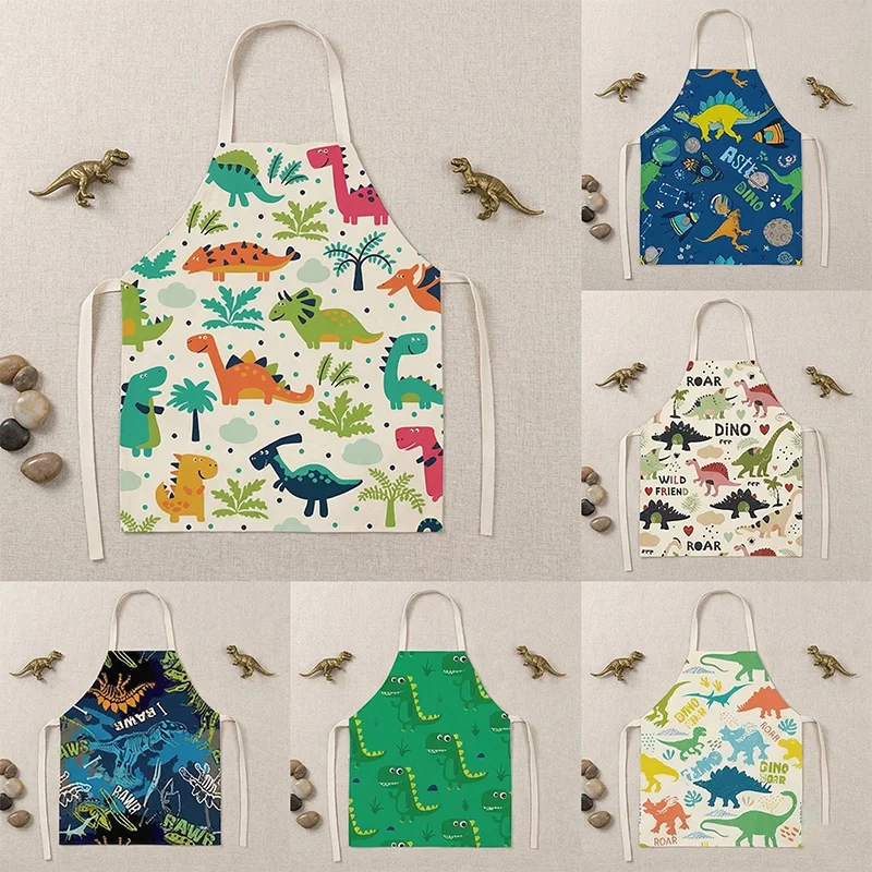 

Cute Cartoon Dinosaur Print Kitchen Aprons For Kids School Art Painting Cooking Baking Sleeveless Linen Bib Pinafore Delantal