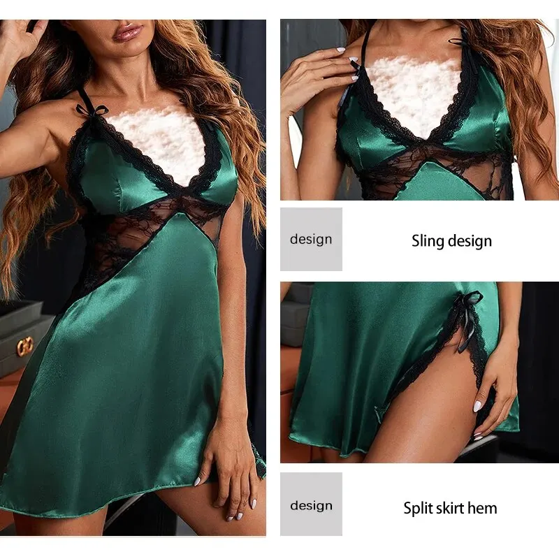 New Fashionable Women\'s Green Satin Dress With Patchwork Lace Suspender Short Skirt Split Lace Women\'s Sexy Dress Pajamas