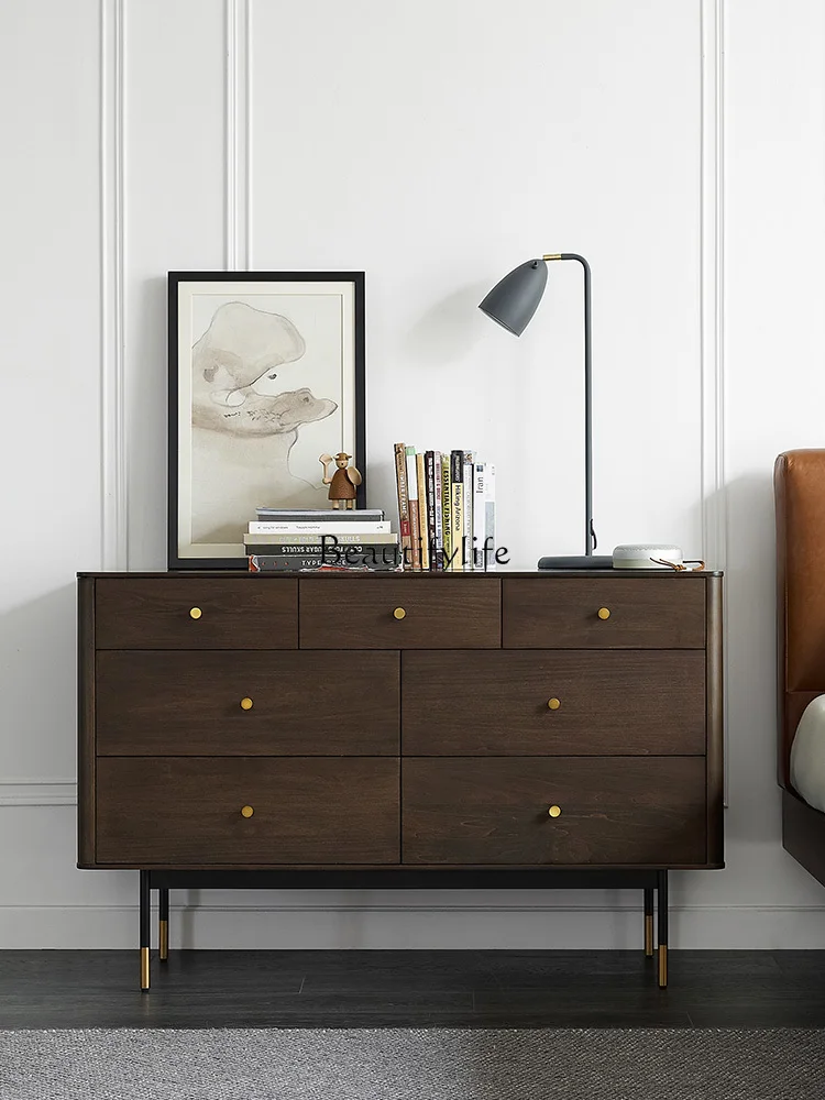 

Walnut color seven-chest cabinet Nordic light luxury retro solid wood storage cabinet