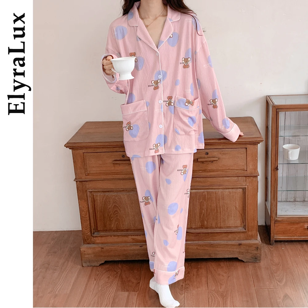

ElyraLux женский розовый пижамный комплект из мятого хлопка, мягкая одежда для сна с милым принтом плюшевого мишки и длинными рукавами, удобная домашняя одежда для дома