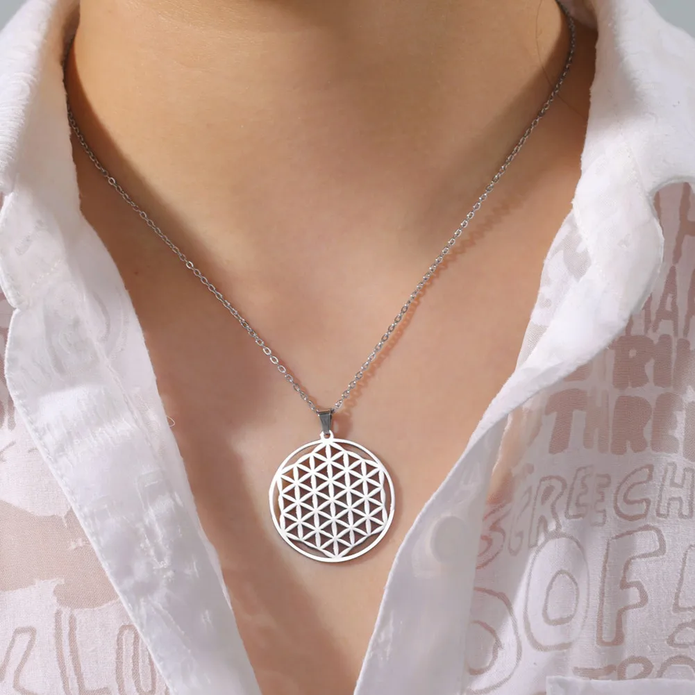 Lucktune Viking Flower of Life Pendant Necklace Stainless Steel Vintage Sacred Mandala Chain Necklace Women Aesthetic Jewelry