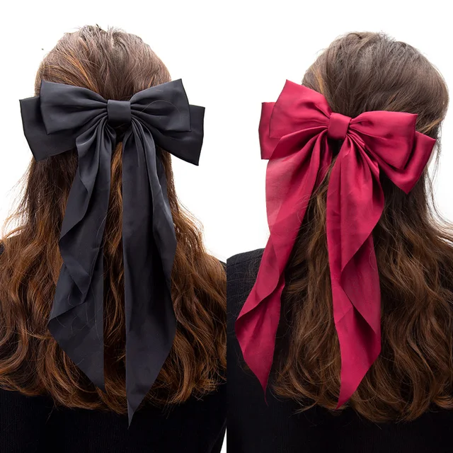 Elegancka kokardka wstążka spinka do włosów dla kobiet moda solidna satyna czarny klips prosta spinka do włosów opaska na głowę z klipsami dziewczęce akcesoria do włosów