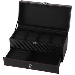 Fashion 4 Grids Double Layers Watch Box Case Carbon Fiber Watch Rings Earrings Display Storage Holder Organizer Jewelry Box Gift