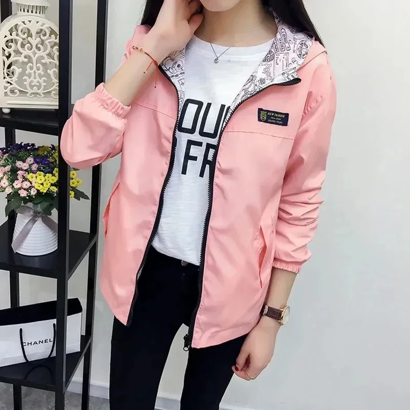 

Double-Sided Trench Coat Women 2024 New Spring Autumn Clothes Hooded Windbreaker Jacket Outerwear Tops Student Coats G03