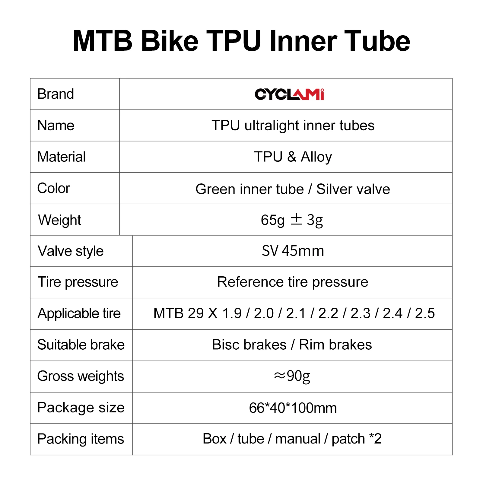 CYCLAMI 2-Piece Suit TPU Ultralight MTB Bike Inner Tube 26/27.5/29 inch For 559 584 622 Tires Metal French Valve Length 45mm