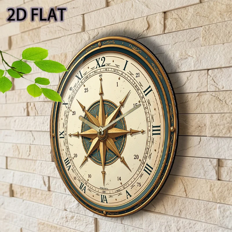 Wooden Nautical Compass Wall Clock - Silent Non-Ticking Round Ocean-Themed Clock with Compass, Suitable for Living Room, Bedroom, Office Decor, Housewarming Gift, Nautical Theme Decoration, 2D Flat