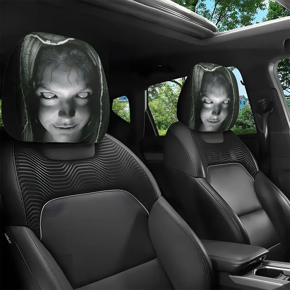 2Pcs White-Eyed Grinning Scary Ghost Lady Car Headrest Covers, Halloween Themed 2D Print, Soft High-Elastic, Universal