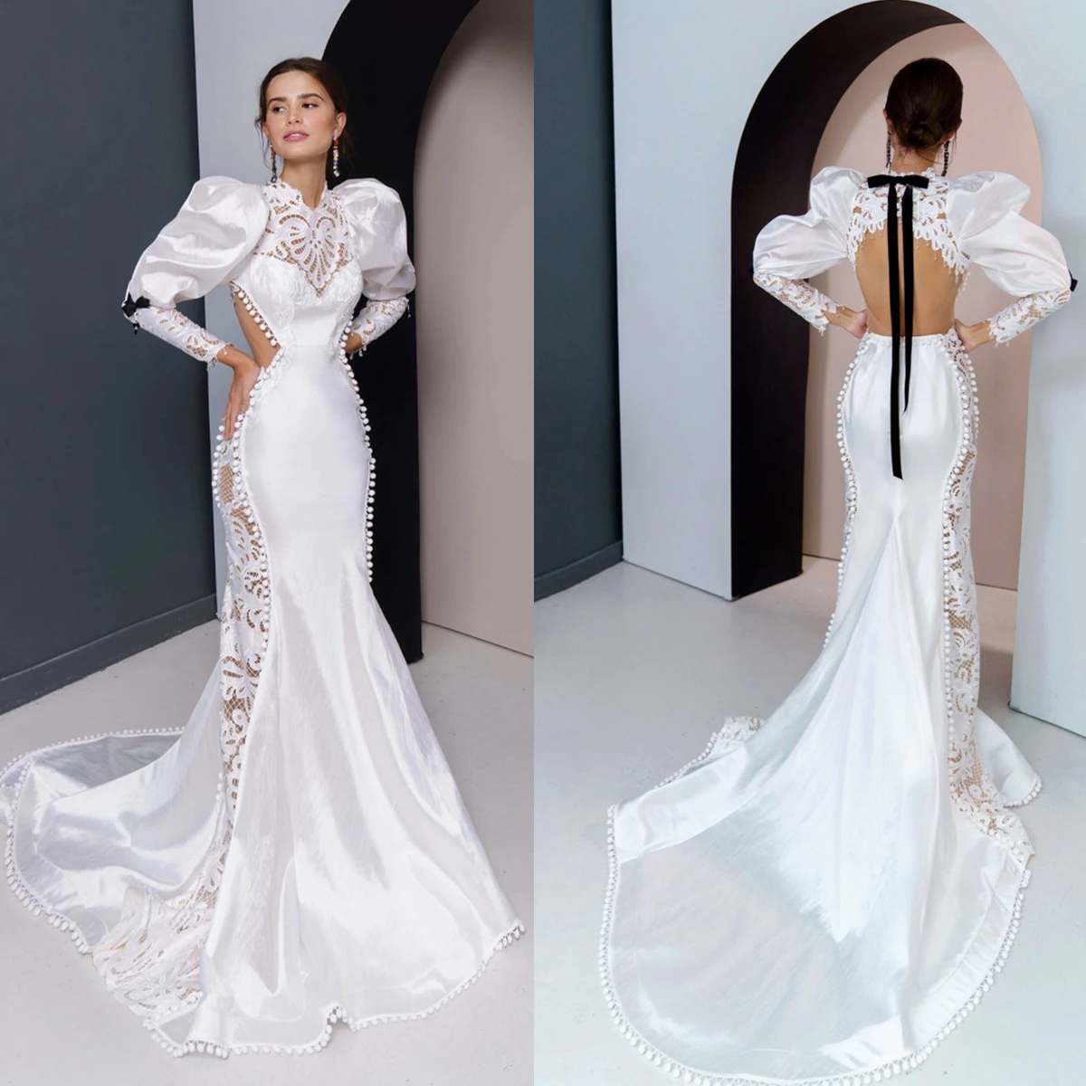 

Delicate Mermaid Wedding Dresses For Women Appliques Crystal Bridal Gown Sweep Train High Collar Skirt Long Puff Sleeves Dress