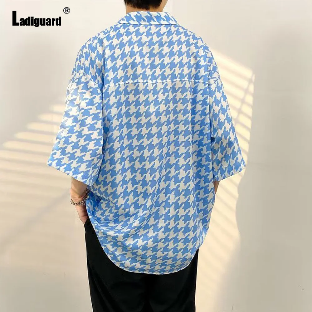 Ladiguard 2024 Mens Short Sleeve Casual Loose Blouse Korean Fashion Houndstooth Print Shirts Masculina Camisa Top blusas Hommes