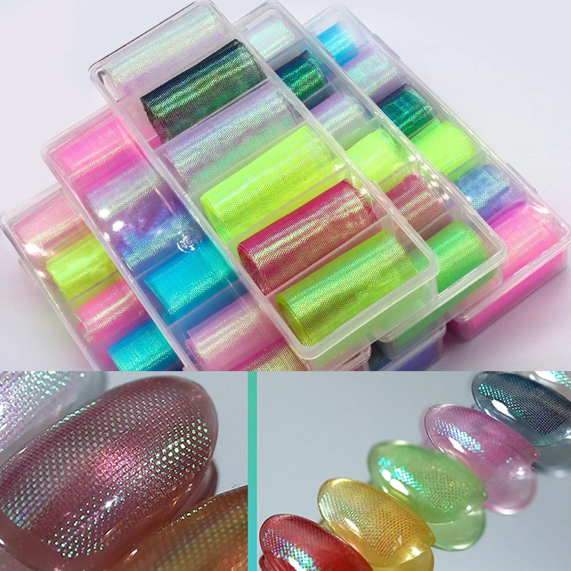 6Roll Nail Foil Decals Fluorescent Color Mesh Yarn Fish Scale Pattern Glitter Nail Charm Sticker Shell Foil Manicure Decoration