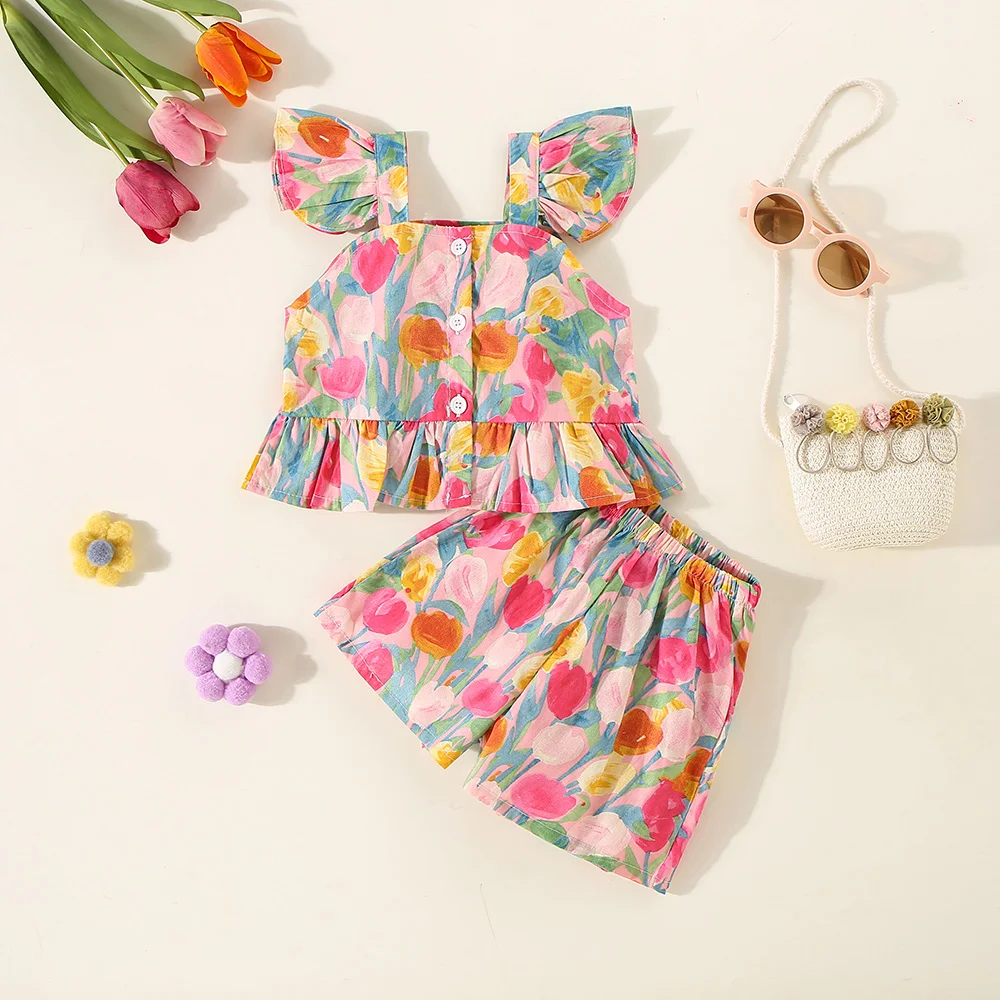 Summer Set 2/Piece Girl Baby Strap+Shorts Girl Cartoon Tulip Printed Small Flying Sleeve Strap Top