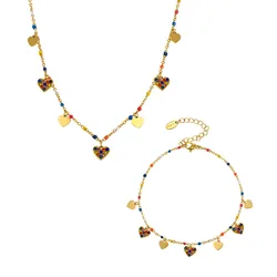 Multi-Color Heart Zirconia Pendant Necklace Bracelet Anklet Set 316 Stainless Steel Gold-Plated Waterproof Luxury Jewelry Gift