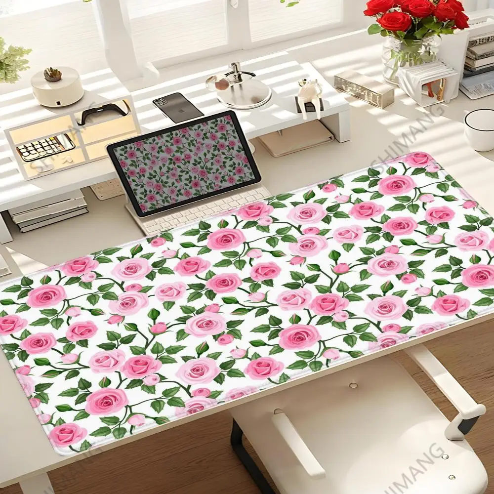 

Mouse Pad Gamer Cartoon Green Leaves Pink Flower XL Computer Large New Mousepad XXL keyboard pad Soft Carpet Non-Slip Table Mat