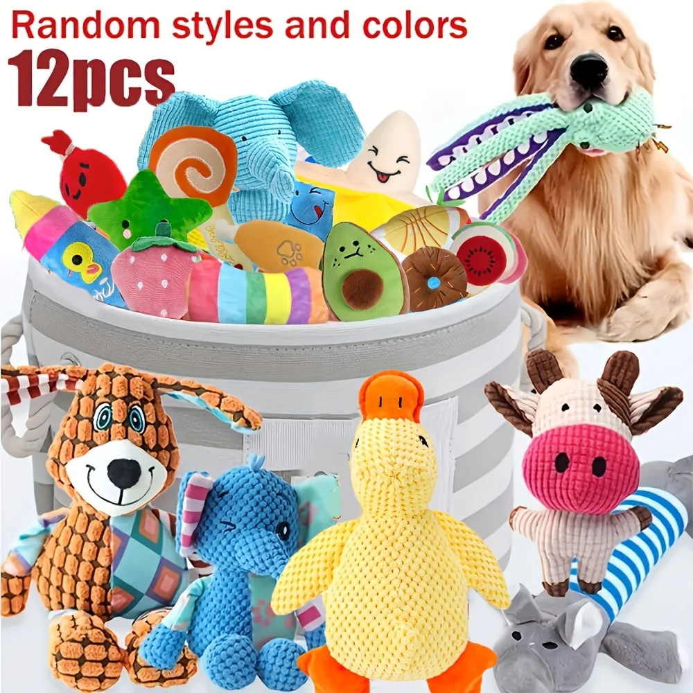 12-piece dog plush toy set, random and diverse styles, with squeak, without storage basket, suitable for small dogs