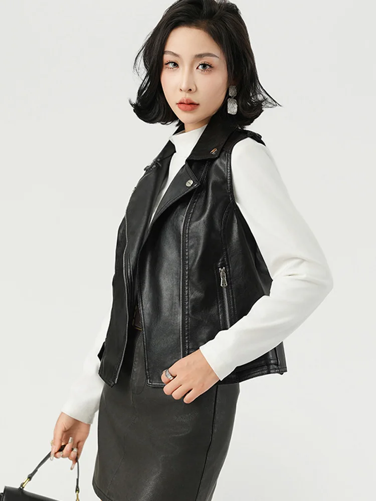 Chaleco de Moto de Piel Sintética Negra para Mujer, Chaqueta de Moda Otoño Invierno 2026, Cuello Solapa, Sin Mangas, con Cremallera, Estilo Biker, Prenda Exterior