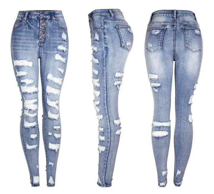 Women's Jeans Hollowed Out Tight Pants Street Fashion Buckle Decoration Denim Holes Pencil Pants