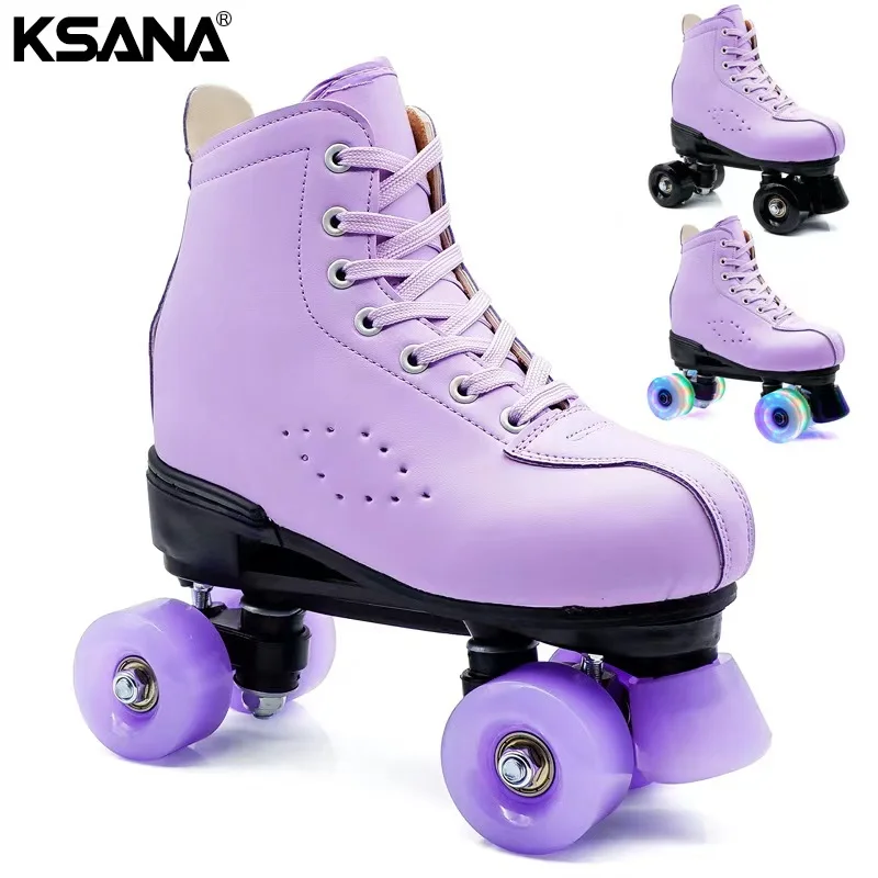 

Leather Roller Skates Shoes for Women Girls, Patins with 4 PU Wheels, Sliding Quad, Inline Skating Sneakers, Training, Purple