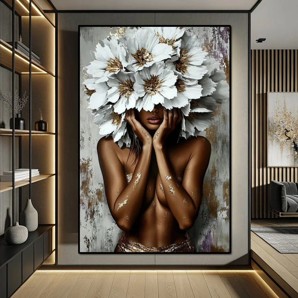 Gold Petals Elegant Sexy Woman Wall Art Posters Prints Abstract White Floral Black Girl Canvas Painting Living Room Home Deco