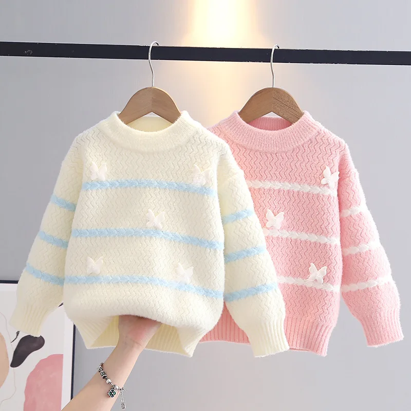 2025 Kids Sweaters New Autumn Winter Round Collar Long Sleeves Wave Stripes Knit Pullover Nice Butterfly-knot Girls Tops IY11292