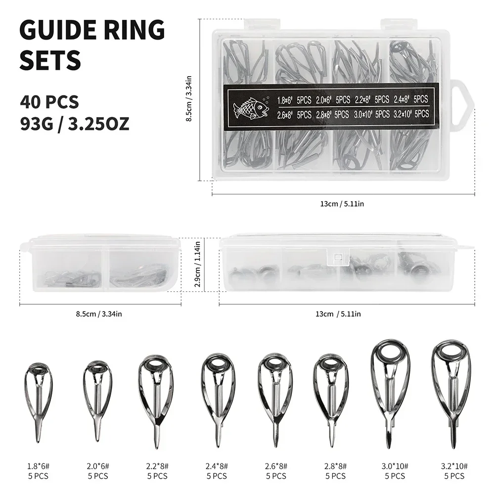 40Pcs Fishing Rod Guide Tip Repair Kit Set Rod Building Guide 304 Stainless Steel Ring Saltwater Freshwater Fishing Replacement