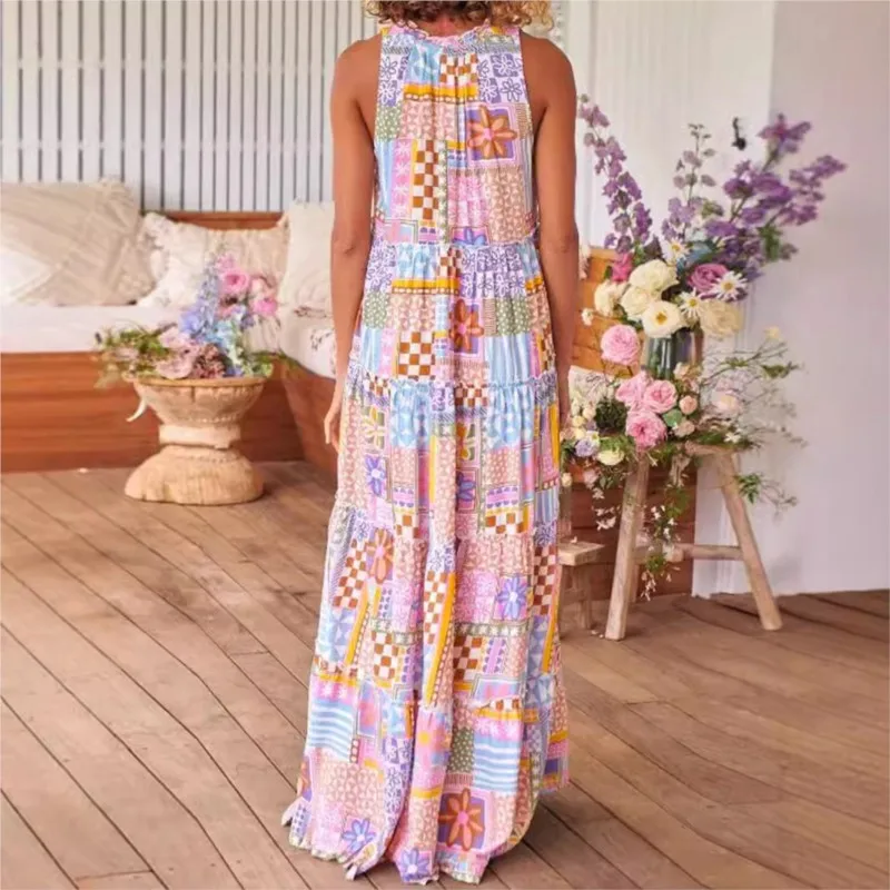 Fashion Flower Print Long Dresses For Women Casual Beach Holiday Bohemia Style Sleeveless Dress Elegant Lady Loose Maxi Vestidos