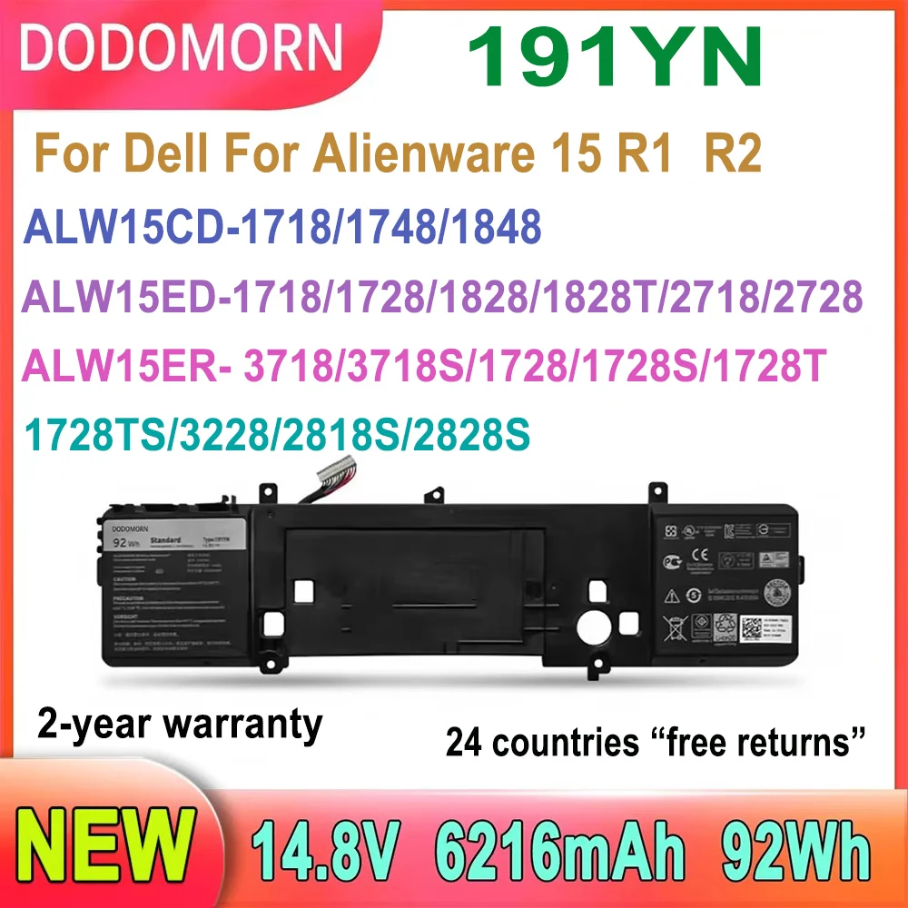 DODOMORN 191YN Laptop Battery For Dell For Alienware 15 R1 R2 ALW15ED ALW15CD  ALW15ER   High Quality 410GJ 2F3W1 8NH55 6216mAh