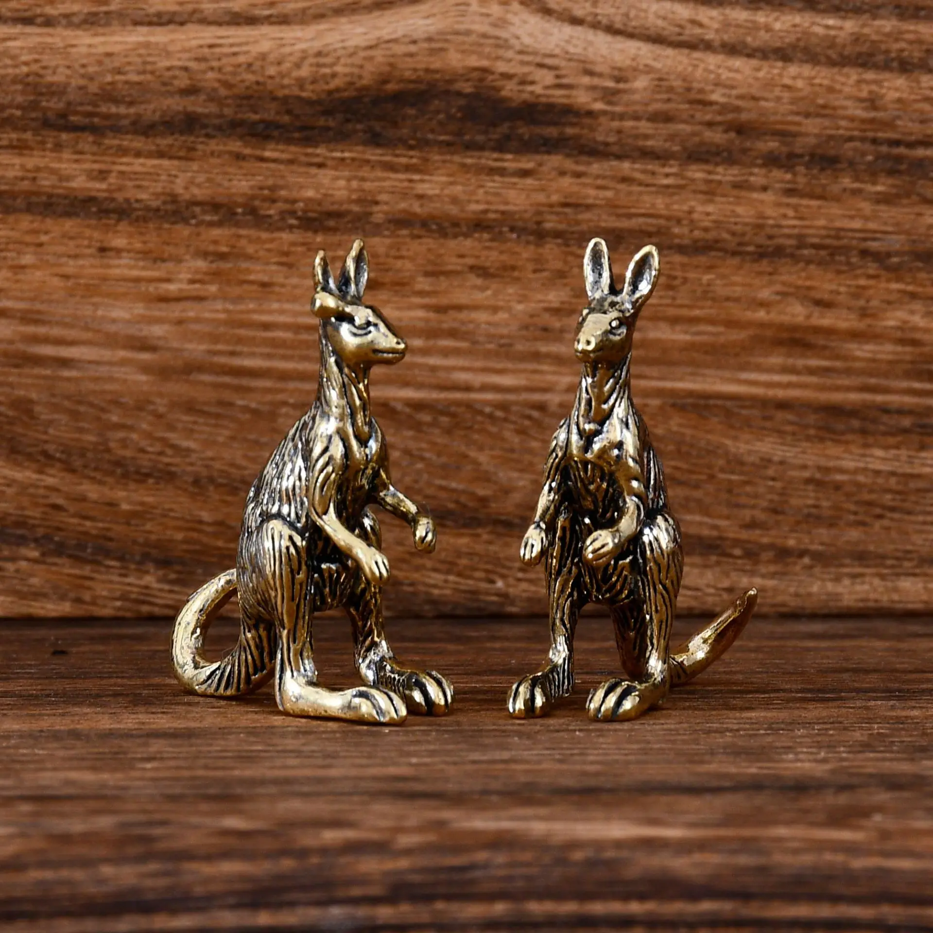 Brass tabletop kangaroo figurine, antique and aged handlebar, miniature landscape object