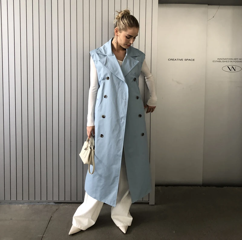 2024 Women Fashion Fall / Autumn 2 piece long trench coat Female outerwear blue Khaki