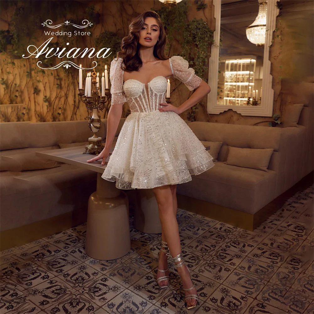 

Aviana Customized A-Line Short Wedding Dress Lace Sweetheart Sequin Beading Pearls Knee Length Princess Half Sleeve Sparking