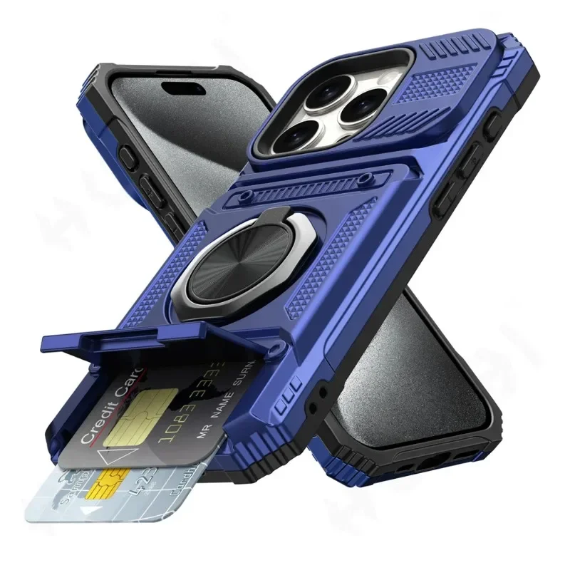 Militaire kwaliteit hoesje voor iPhone 11 13 14 15 16 Pro Max met magnetische draaibare ringstandaard, heavy-duty valbescherming en portemonnee-functie