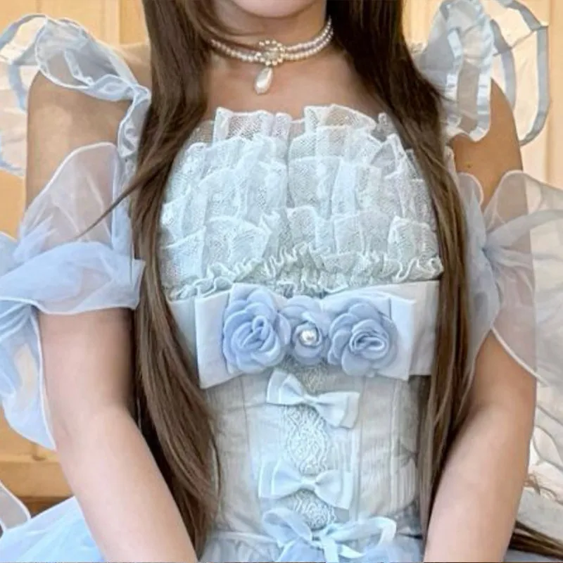 Flower Girls Light Blue Corset Lolita Dress 3D Floral Decor High‑low Trailing Tulle Skirt Elegant Princess Evening Party Outfit view 3