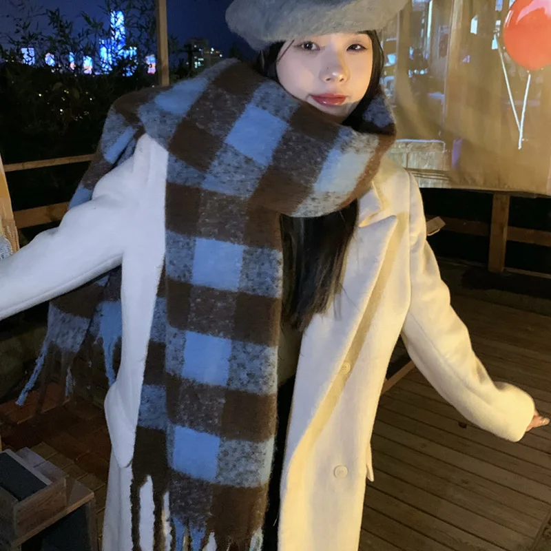 

Écharpe à carreaux épaisse pour femme, châle chaud et polyvalent pour Couple, ростégant, bleu, tendance, Long, tricoté