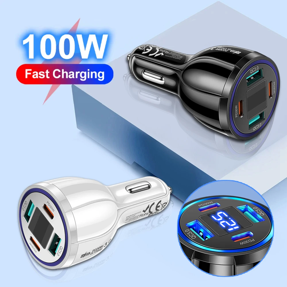 100W 4 Ports Car Charger Fast Charging QC3.0 30W USB Charger With Voltage Digital display For iPhone 15 Pro Max Xiaomi Samsung