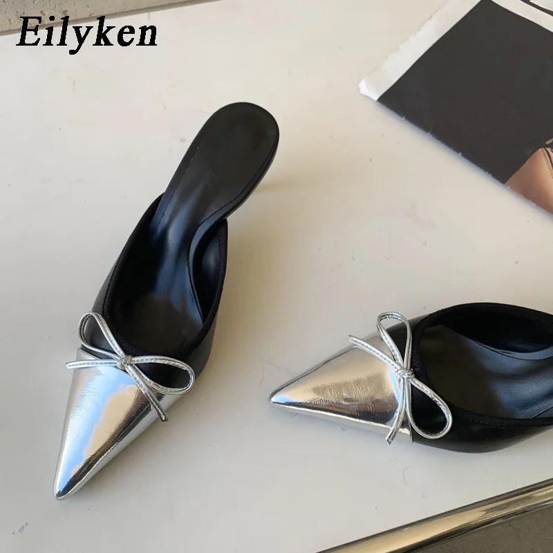 Eilyken 2024 Spring New Pointed Toe Women Slipper Fashion Butterfly-knot Shallow Slip On Ladies Mules Shoes Thin High Slides