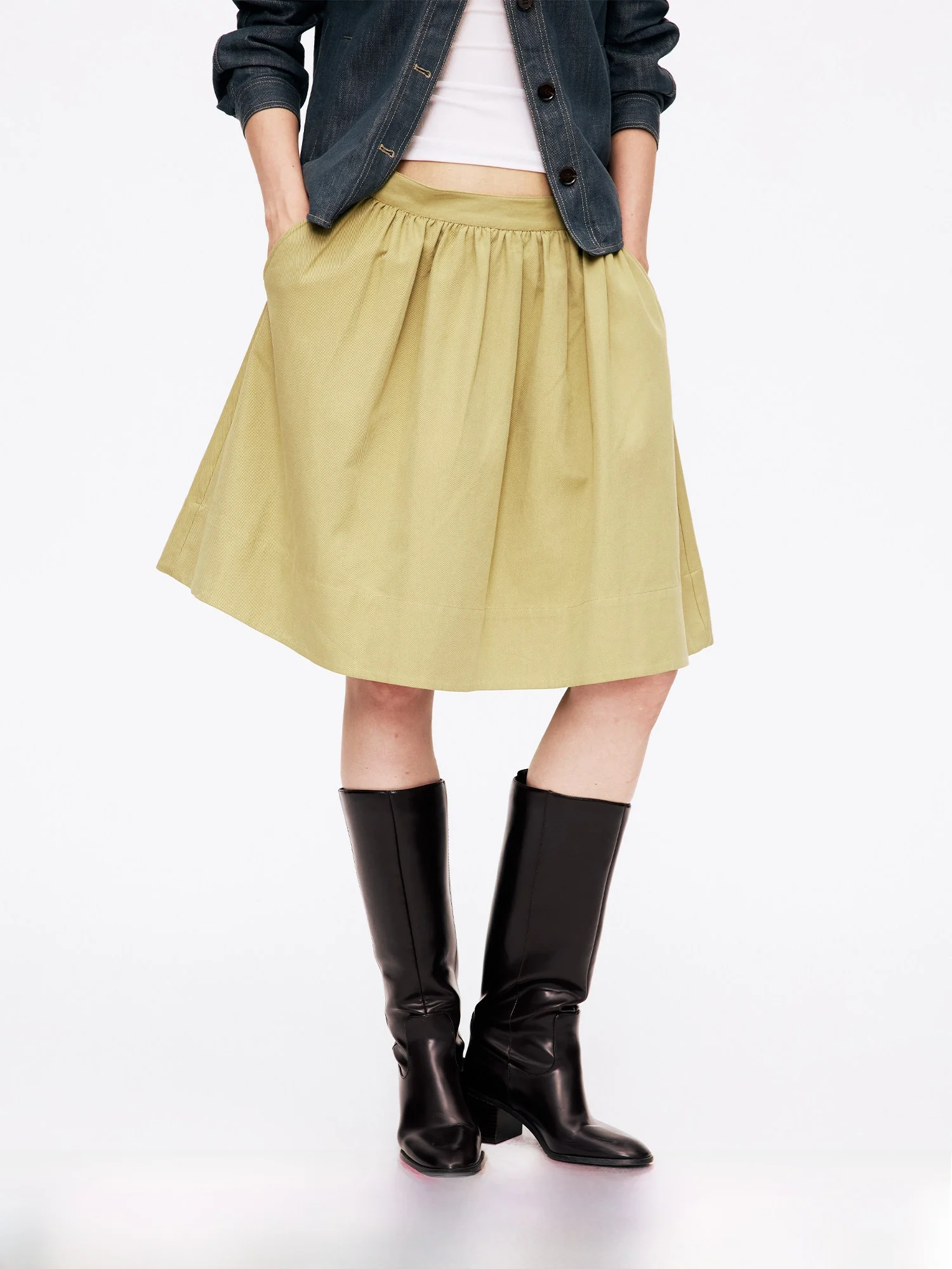 Classic Heavyweight Half Skirt in Khaki with Pleats Versatile mid Waist Umbrella Skirt for Ladies by Curri And