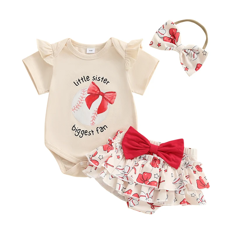 

Baby Girl Summer Outfit Baseball Letter Bow Print Short Sleeve Romper Ruffled Skirt and Bow Headband 3 Pcs Set