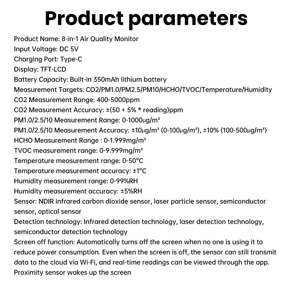 8-in-1-WIFI-Luftqualitätstester CO2 PM1.0 PM2.5 PM10 HCHO TVOC Temperatur- und Feuchtigkeitserkennung APP-Steuerung Infrarotsensor – Detail 20